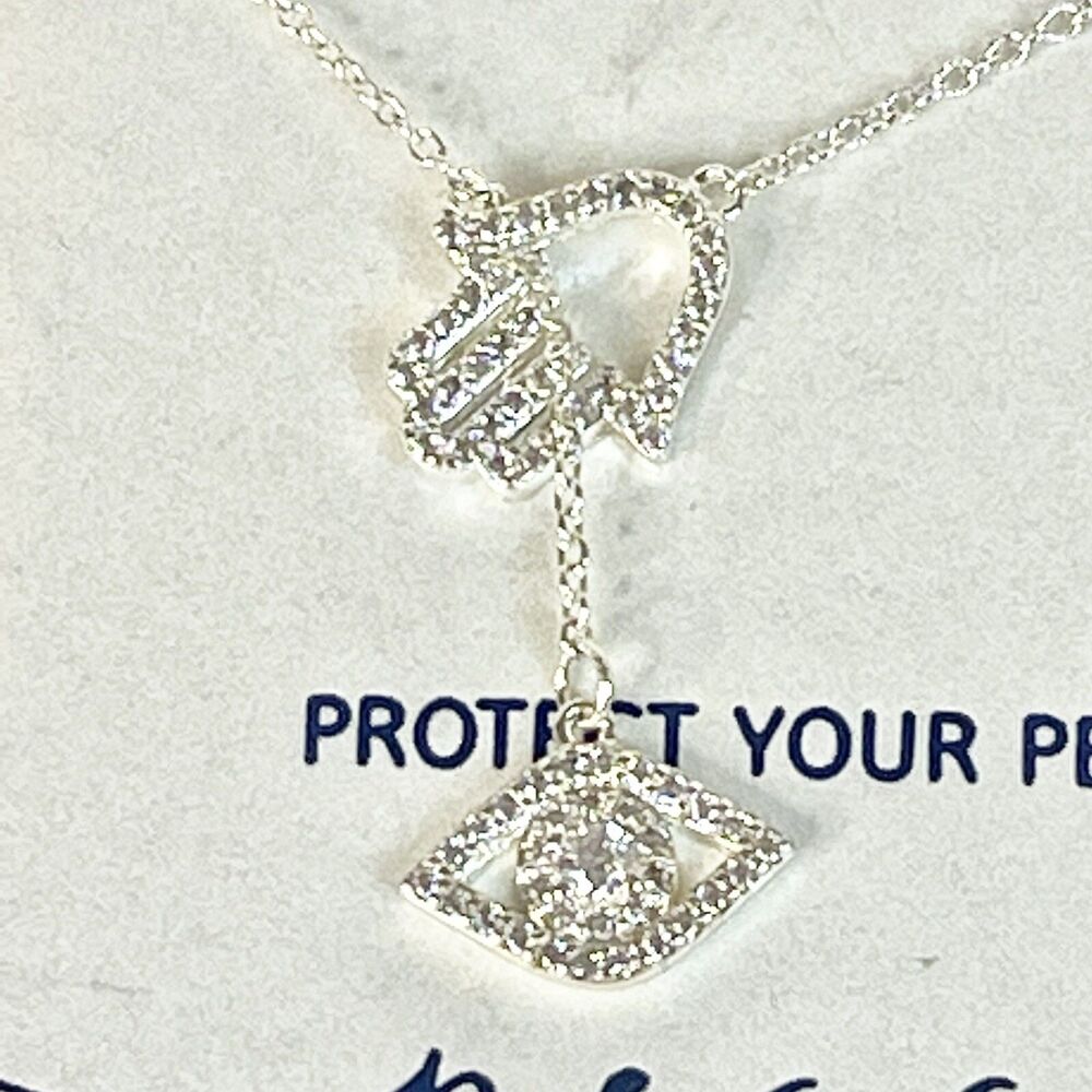 New Silver Plated Necklace Hamsa Hand & Evil Eye By Gratitude & Grace W/Tags